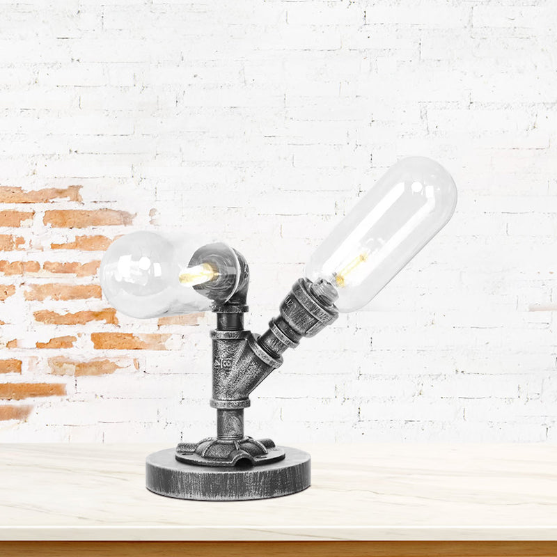 Capsule Clear/Amber Glass Night Light Farmhouse 2/3 Heads Tearoom LED Table Lamp with Pipe Base Clear A Clearhalo 'Lamps' 'Table Lamps' Lighting' 1423803