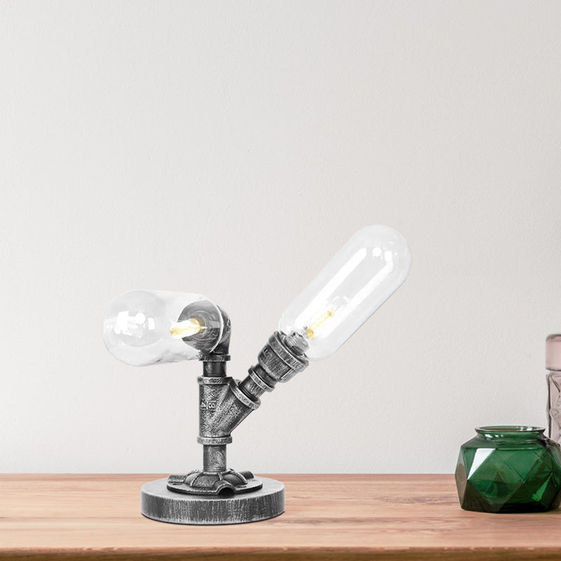 Capsule Clear/Amber Glass Night Light Farmhouse 2/3 Heads Tearoom LED Table Lamp with Pipe Base Clearhalo 'Lamps' 'Table Lamps' Lighting' 1423804