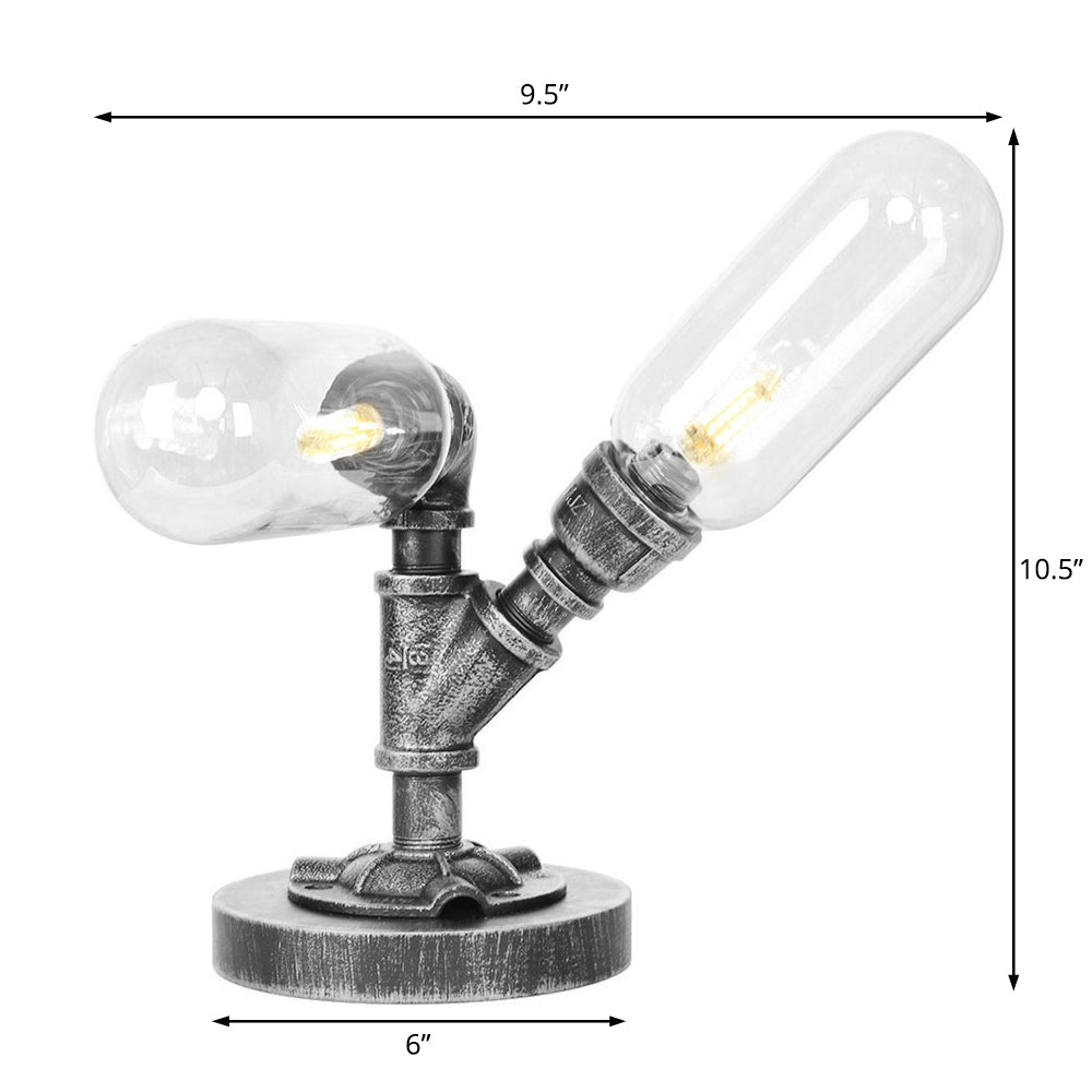 Capsule Clear/Amber Glass Night Light Farmhouse 2/3 Heads Tearoom LED Table Lamp with Pipe Base Clearhalo 'Lamps' 'Table Lamps' Lighting' 1423806