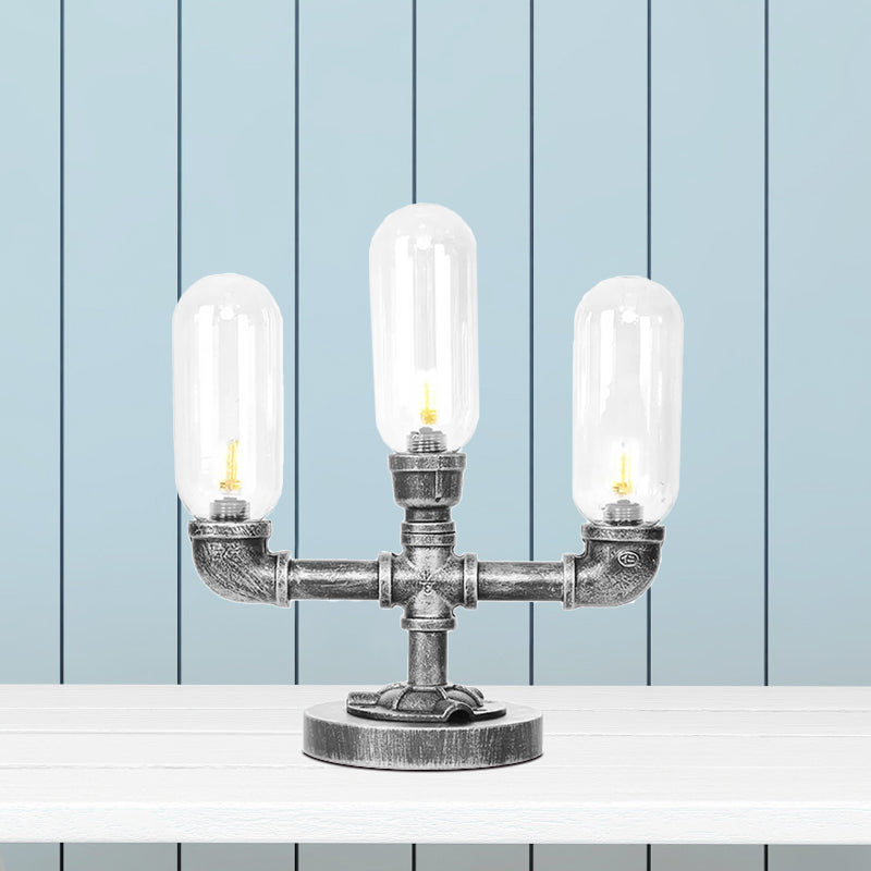 Capsule Clear/Amber Glass Night Light Farmhouse 2/3 Heads Tearoom LED Table Lamp with Pipe Base Clearhalo 'Lamps' 'Table Lamps' Lighting' 1423807