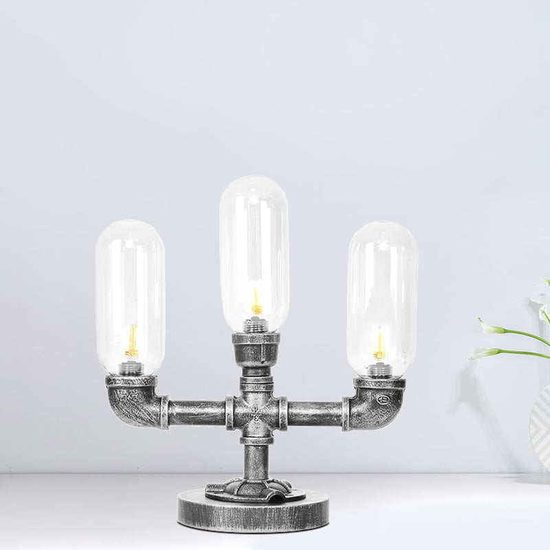 Capsule Clear/Amber Glass Night Light Farmhouse 2/3 Heads Tearoom LED Table Lamp with Pipe Base Clear B Clearhalo 'Lamps' 'Table Lamps' Lighting' 1423808