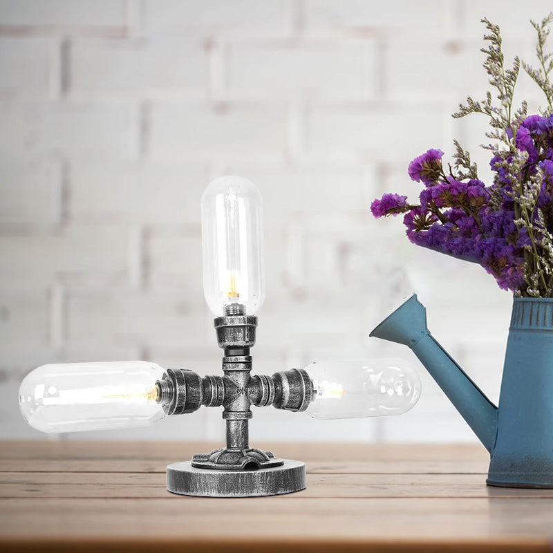 Capsule Clear/Amber Glass Night Light Farmhouse 2/3 Heads Tearoom LED Table Lamp with Pipe Base Clearhalo 'Lamps' 'Table Lamps' Lighting' 1423812