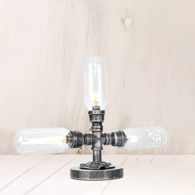 Capsule Clear/Amber Glass Night Light Farmhouse 2/3 Heads Tearoom LED Table Lamp with Pipe Base Clearhalo 'Lamps' 'Table Lamps' Lighting' 1423813