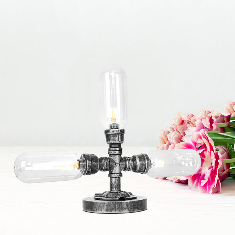 Capsule Clear/Amber Glass Night Light Farmhouse 2/3 Heads Tearoom LED Table Lamp with Pipe Base Clearhalo 'Lamps' 'Table Lamps' Lighting' 1423814