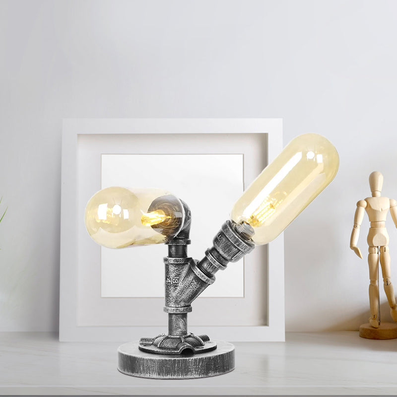 Capsule Clear/Amber Glass Night Light Farmhouse 2/3 Heads Tearoom LED Table Lamp with Pipe Base Clearhalo 'Lamps' 'Table Lamps' Lighting' 1423817