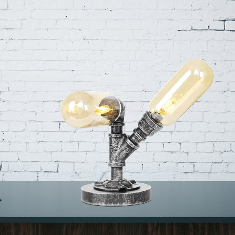 Capsule Clear/Amber Glass Night Light Farmhouse 2/3 Heads Tearoom LED Table Lamp with Pipe Base Clearhalo 'Lamps' 'Table Lamps' Lighting' 1423818