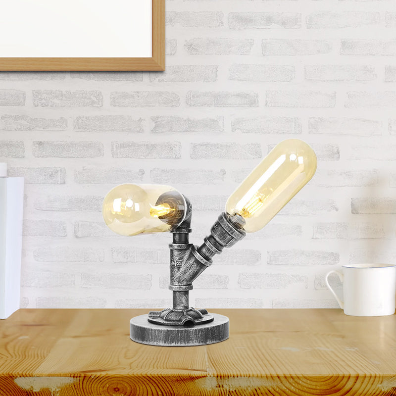 Capsule Clear/Amber Glass Night Light Farmhouse 2/3 Heads Tearoom LED Table Lamp with Pipe Base Clearhalo 'Lamps' 'Table Lamps' Lighting' 1423819