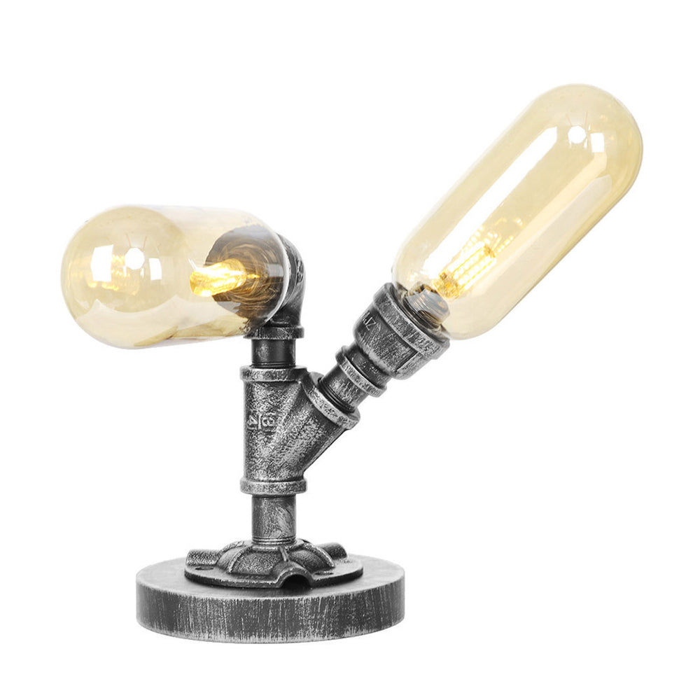 Capsule Clear/Amber Glass Night Light Farmhouse 2/3 Heads Tearoom LED Table Lamp with Pipe Base Amber A Clearhalo 'Lamps' 'Table Lamps' Lighting' 1423820