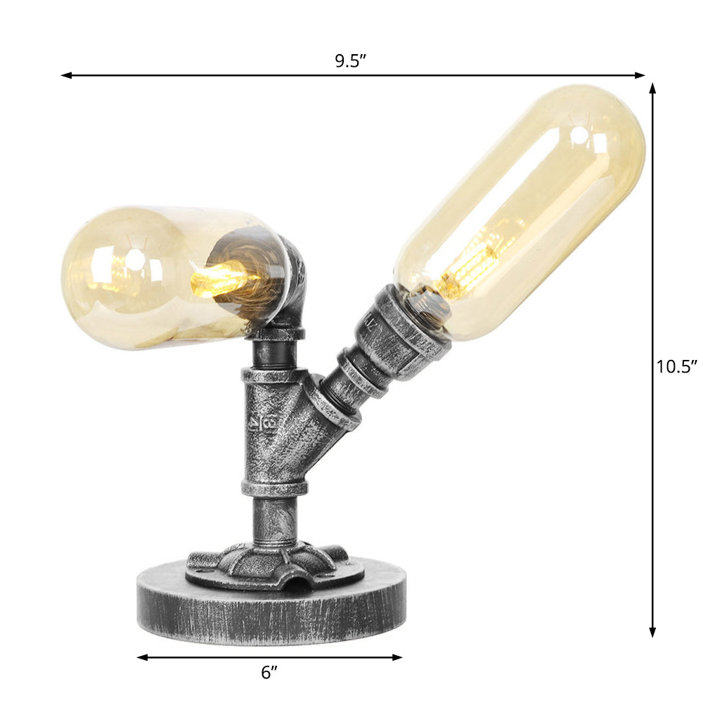 Capsule Clear/Amber Glass Night Light Farmhouse 2/3 Heads Tearoom LED Table Lamp with Pipe Base Clearhalo 'Lamps' 'Table Lamps' Lighting' 1423821