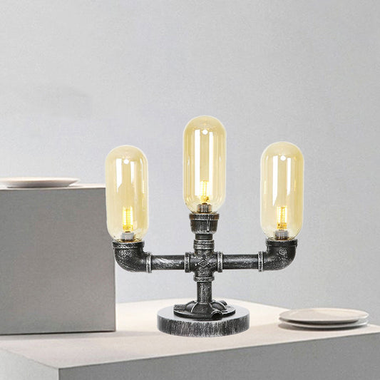 Capsule Clear/Amber Glass Night Light Farmhouse 2/3 Heads Tearoom LED Table Lamp with Pipe Base Clearhalo 'Lamps' 'Table Lamps' Lighting' 1423822