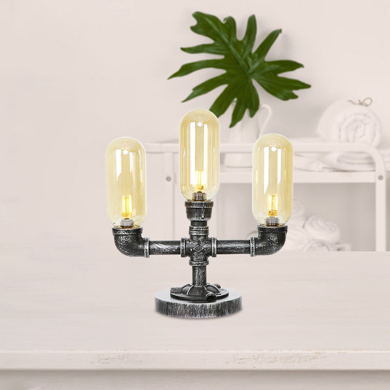 Capsule Clear/Amber Glass Night Light Farmhouse 2/3 Heads Tearoom LED Table Lamp with Pipe Base Amber B Clearhalo 'Lamps' 'Table Lamps' Lighting' 1423823