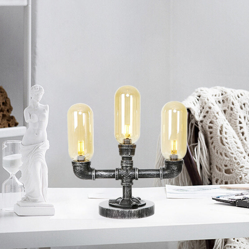 Capsule Clear/Amber Glass Night Light Farmhouse 2/3 Heads Tearoom LED Table Lamp with Pipe Base Clearhalo 'Lamps' 'Table Lamps' Lighting' 1423824