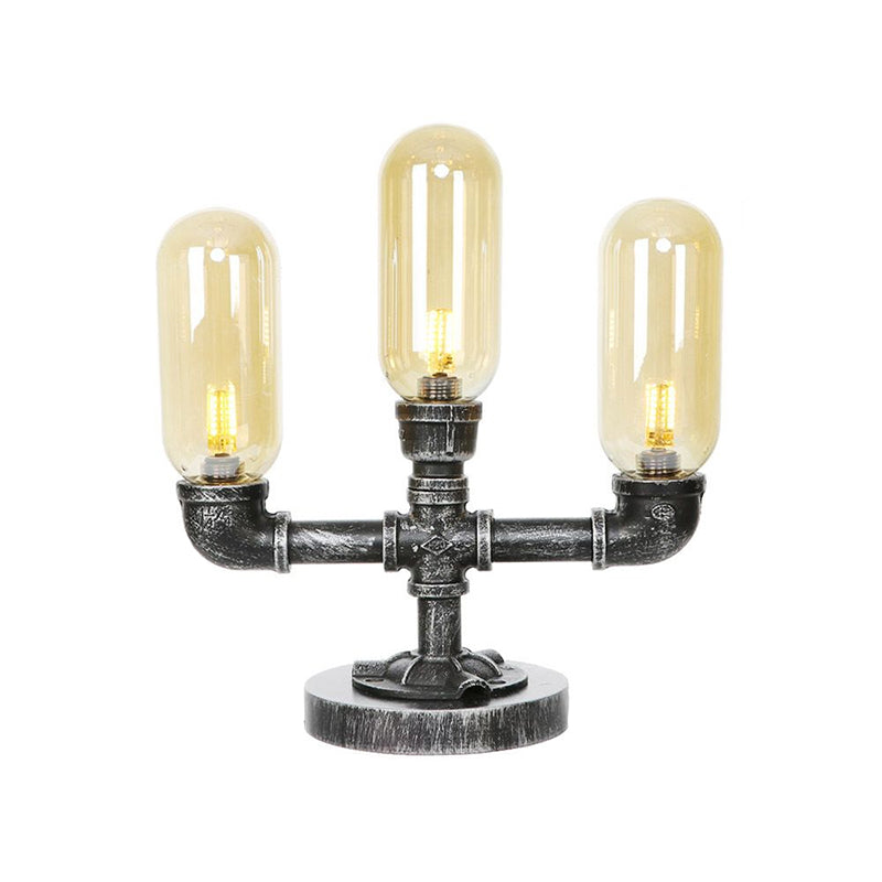 Capsule Clear/Amber Glass Night Light Farmhouse 2/3 Heads Tearoom LED Table Lamp with Pipe Base Clearhalo 'Lamps' 'Table Lamps' Lighting' 1423825