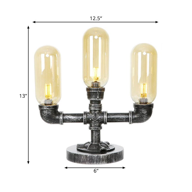 Capsule Clear/Amber Glass Night Light Farmhouse 2/3 Heads Tearoom LED Table Lamp with Pipe Base Clearhalo 'Lamps' 'Table Lamps' Lighting' 1423826