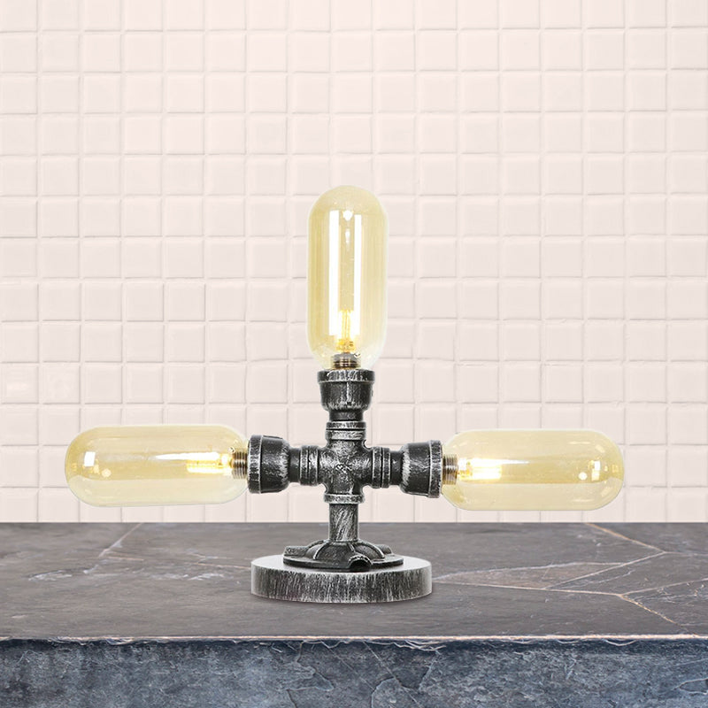 Capsule Clear/Amber Glass Night Light Farmhouse 2/3 Heads Tearoom LED Table Lamp with Pipe Base Clearhalo 'Lamps' 'Table Lamps' Lighting' 1423827