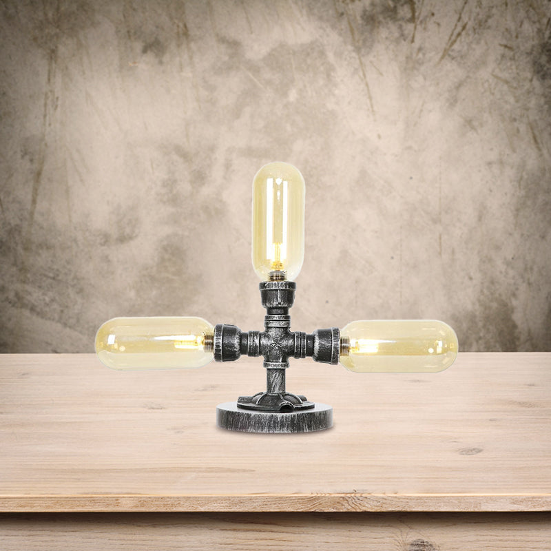 Capsule Clear/Amber Glass Night Light Farmhouse 2/3 Heads Tearoom LED Table Lamp with Pipe Base Amber C Clearhalo 'Lamps' 'Table Lamps' Lighting' 1423828