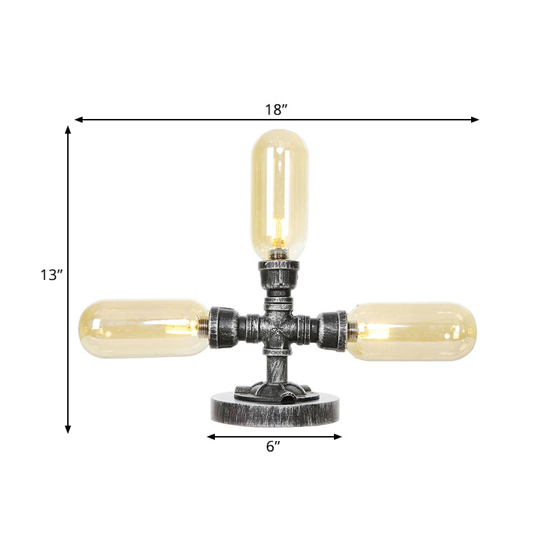 Capsule Clear/Amber Glass Night Light Farmhouse 2/3 Heads Tearoom LED Table Lamp with Pipe Base Clearhalo 'Lamps' 'Table Lamps' Lighting' 1423831