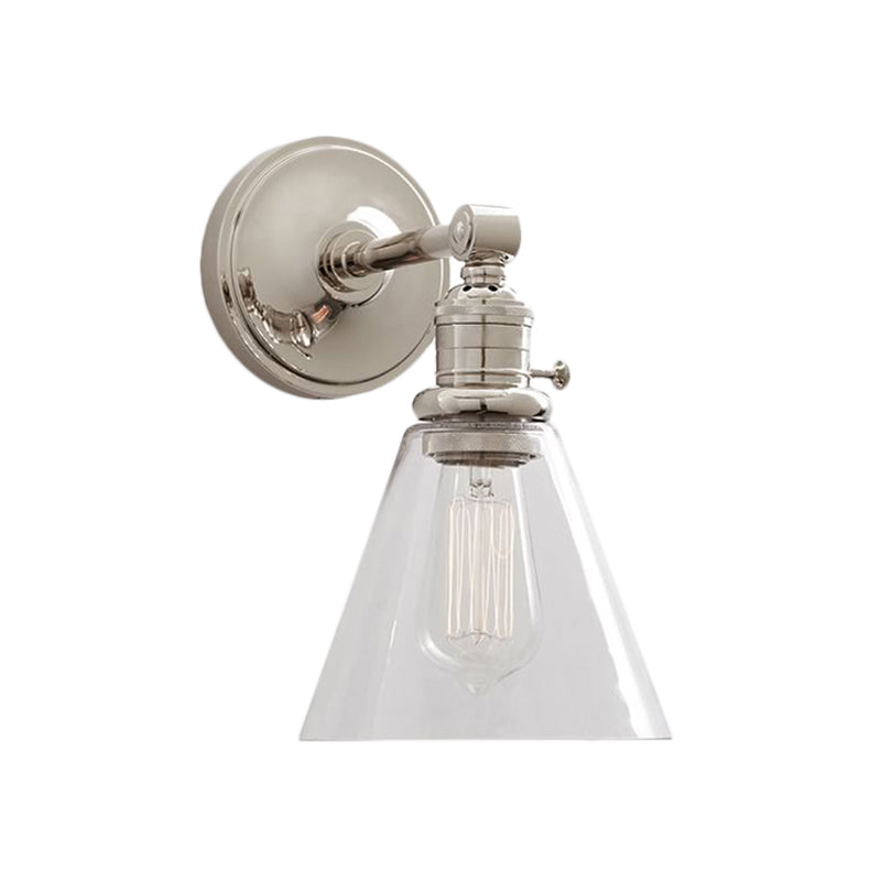 1 Light Clear Glass Wall Sconce Light Industrial Black/Chrome Cone Shade Living Room Lighting Fixture Clearhalo 'Art deco wall lights' 'Cast Iron' 'Glass' 'Industrial wall lights' 'Industrial' 'Middle century wall lights' 'Modern' 'Rustic wall lights' 'Tiffany' 'Traditional wall lights' 'Wall Lamps & Sconces' 'Wall Lights' Lighting' 142410