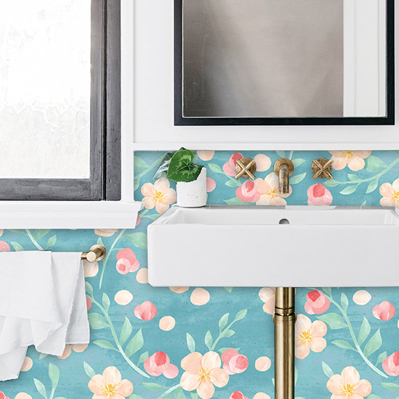 Blue Flower Branch Adhesive Wallpapers Easy Peel Off Wall Covering for Kitchen, 34.2-sq ft Clearhalo &#39;Country wall decor&#39; &#39;Rustic&#39; &#39;Wallpaper&#39; Wall Decor&#39; 1424262