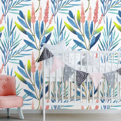 Rustic Watercolor Floral Wallpaper Blue Temporary Self-Stick Wall Decor for Living Room Blue Clearhalo 'Country wall decor' 'Rustic' 'Wallpaper' Wall Decor' 1424281