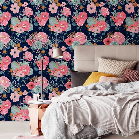 Rural Watercolor Peony Wallpapers PVC Temporary Peel and Stick Multicolored Wall Covering for Home Dark Blue Clearhalo 'Country wall decor' 'Rustic' 'Wallpaper' Wall Decor' 1424290
