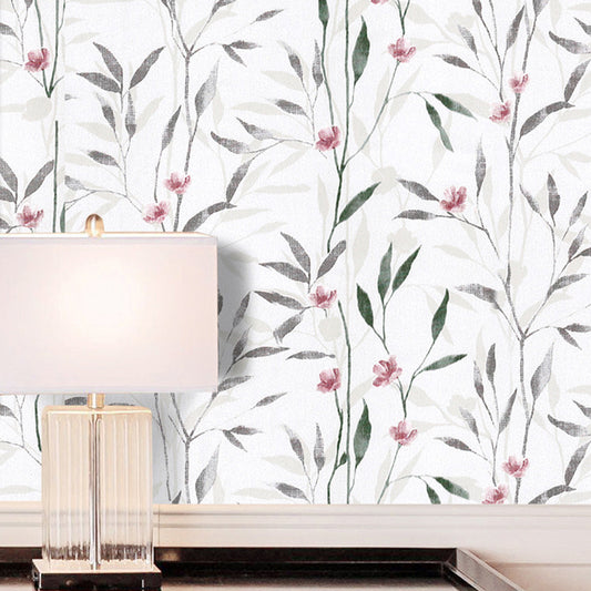 Floral Peel and Stick Wallpaper in Red-Green on White Countryside Wall Art for Living Room, Temporary White Clearhalo 'Country wall decor' 'Rustic' 'Wallpaper' Wall Decor' 1424311