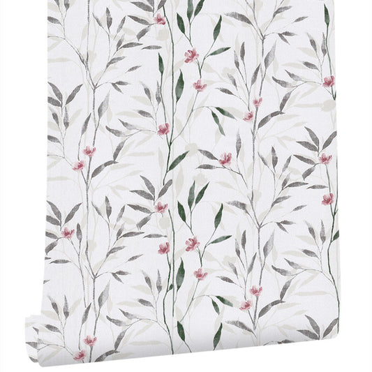 Floral Peel and Stick Wallpaper in Red-Green on White Countryside Wall Art for Living Room, Temporary Clearhalo 'Country wall decor' 'Rustic' 'Wallpaper' Wall Decor' 1424313