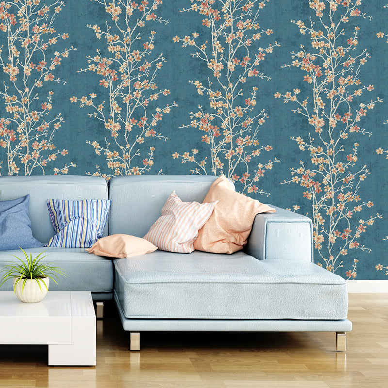 Romantic Cherry Blossom Wallpaper Roll for Accent Wall, Beige-Blue, 33' L x 20.5" W Clearhalo 'Country wall decor' 'Rustic' 'Wallpaper' Wall Decor' 1424326