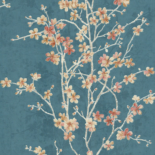 Romantic Cherry Blossom Wallpaper Roll for Accent Wall, Beige-Blue, 33' L x 20.5" W Clearhalo 'Country wall decor' 'Rustic' 'Wallpaper' Wall Decor' 1424328