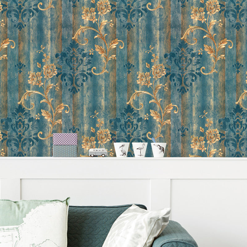 European Damask Wallpaper Roll for Living Room 57.1-sq ft Wall Decor in Gold on Blue Gold Clearhalo 'Country wall decor' 'Rustic' 'Wallpaper' Wall Decor' 1424330