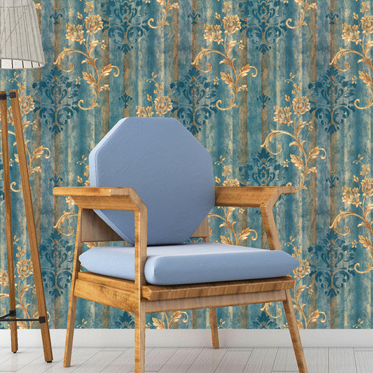 European Damask Wallpaper Roll for Living Room 57.1-sq ft Wall Decor in Gold on Blue Clearhalo 'Country wall decor' 'Rustic' 'Wallpaper' Wall Decor' 1424331