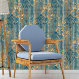 European Damask Wallpaper Roll for Living Room 57.1-sq ft Wall Decor in Gold on Blue Clearhalo 'Country wall decor' 'Rustic' 'Wallpaper' Wall Decor' 1424331