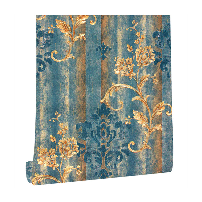 European Damask Wallpaper Roll for Living Room 57.1-sq ft Wall Decor in Gold on Blue Clearhalo 'Country wall decor' 'Rustic' 'Wallpaper' Wall Decor' 1424332