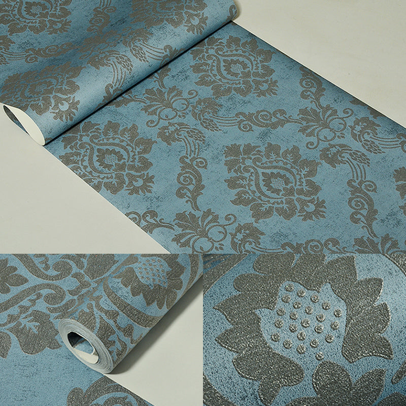 Damask Flower Wallpaper Roll Vintage Style 3D Embossed Wall Art in Blue for Bedroom Clearhalo 'Vintage wall decor' 'Vintage' 'Wallpaper' Wall Decor' 1424455