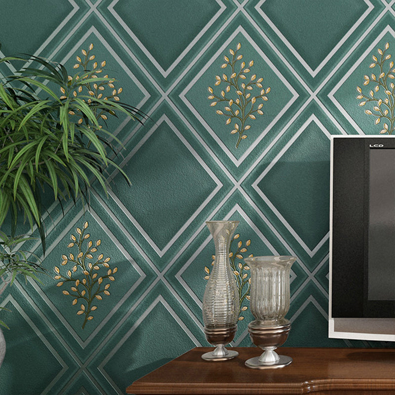 Botanical Rhombus Patterned Wallpaper Roll Modern Flock Wall Decor for Living Room Blackish Green Clearhalo 'Modern wall decor' 'Modern' 'Wallpaper' Wall Decor' 1424536