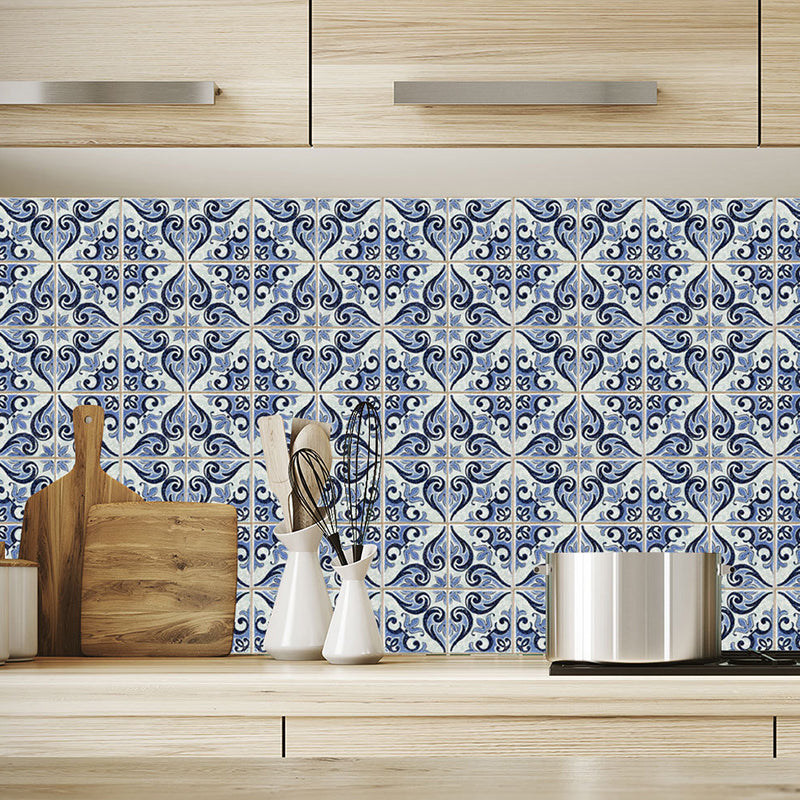 Smooth Blue Wallpaper Panel Bohemian Scroll Flowers Adhesive Wall Decor, 8' L x 8" W Blue Clearhalo 'Wall Decor' 'Wallpaper' 1424904