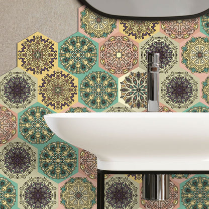 Removable Mandala Wallpaper Panel PVC Bohemian Wall Covering for Living Room (12 Pcs) Red-Yellow-Green Clearhalo 'Wall Decor' 'Wallpaper' 1424918