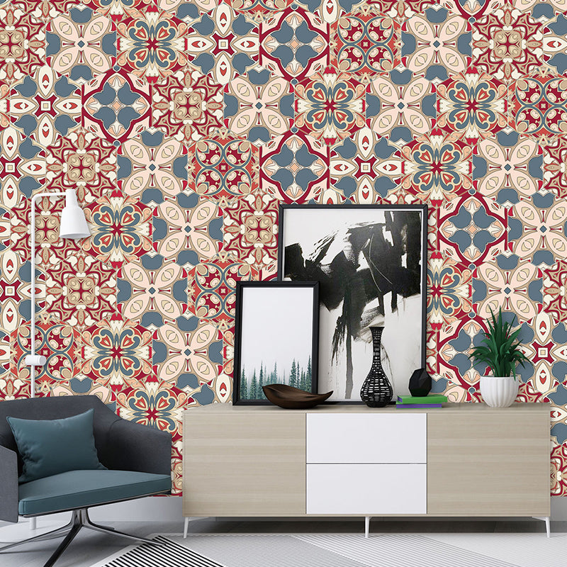 Bohemian Tiles Blossom Wallpaper Panel Orange-Blue Self Stick Wall Art for Living Room Clearhalo 'Wall Decor' 'Wallpaper' 1424945