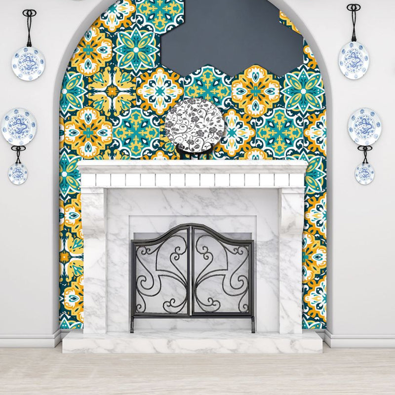 Ethnic Flowers Stick On Wallpaper Panels for Living Room, Yellow-Green, 9' L x 8" W Yellow-Green Clearhalo 'Wall Decor' 'Wallpaper' 1425002