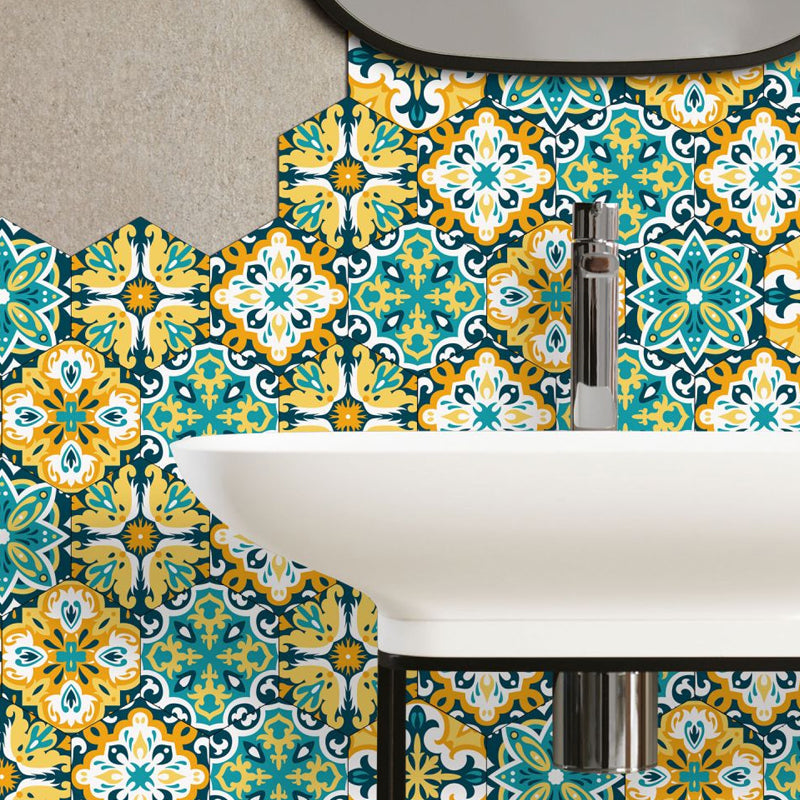 Ethnic Flowers Stick On Wallpaper Panels for Living Room, Yellow-Green, 9' L x 8" W Clearhalo 'Wall Decor' 'Wallpaper' 1425003