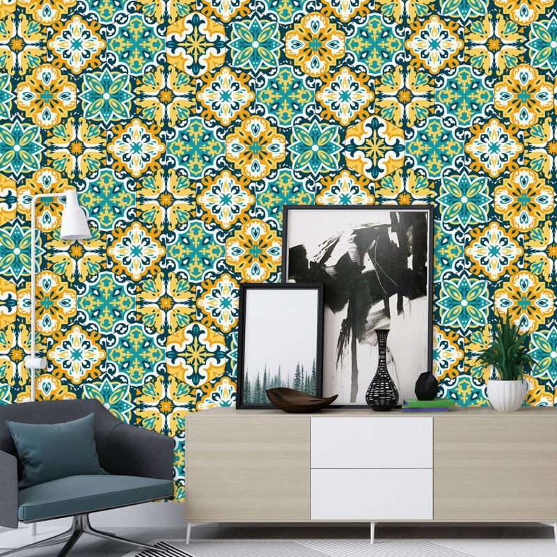 Ethnic Flowers Stick On Wallpaper Panels for Living Room, Yellow-Green, 9' L x 8" W Clearhalo 'Wall Decor' 'Wallpaper' 1425004