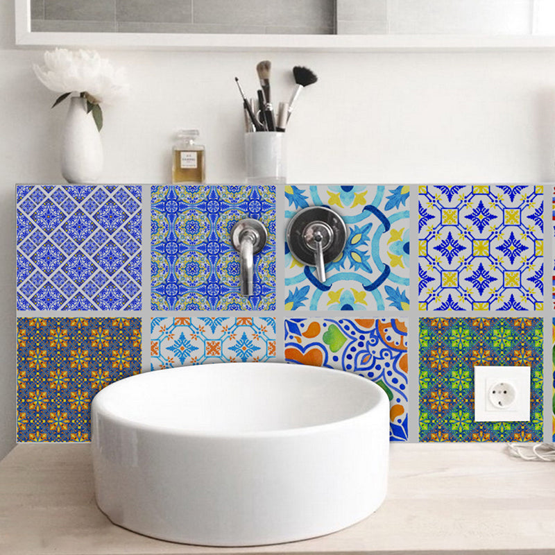 Bohemian Floral Wallpaper Panels Blue-Yellow-Green Geometry Wall Art, Self Sticking Blue-Yellow-Green Clearhalo 'Wall Decor' 'Wallpaper' 1425166
