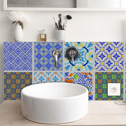 Bohemian Floral Wallpaper Panels Blue-Yellow-Green Geometry Wall Art, Self Sticking Blue-Yellow-Green Clearhalo 'Wall Decor' 'Wallpaper' 1425166