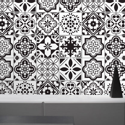 Tribal Floral Pattern Wallpaper Panel for Bathroom Adhesive Geometric Wall Decor, 4.3-sq ft Black-White Clearhalo 'Wall Decor' 'Wallpaper' 1425209