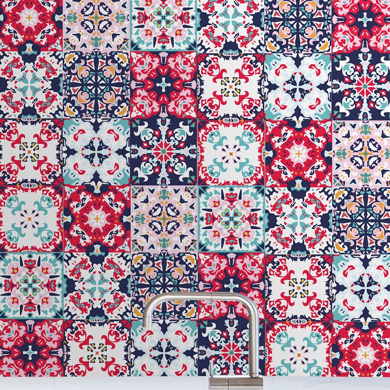 Tribal Floral Pattern Wallpaper Panel for Bathroom Adhesive Geometric Wall Decor, 4.3-sq ft Hot Pink-Blue-Green Clearhalo 'Wall Decor' 'Wallpaper' 1425213