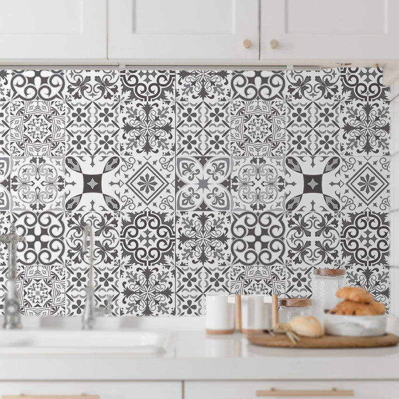 Ethnic Baroque Tiles Wallpaper Panel for Restaurant, Black and White, 8' L x 8" W, Adhesive Black-White Clearhalo 'Wall Decor' 'Wallpaper' 1425254
