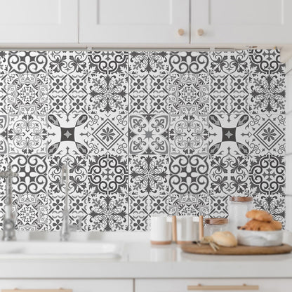 Ethnic Baroque Tiles Wallpaper Panel for Restaurant, Black and White, 8' L x 8" W, Adhesive Black-White Clearhalo 'Wall Decor' 'Wallpaper' 1425254
