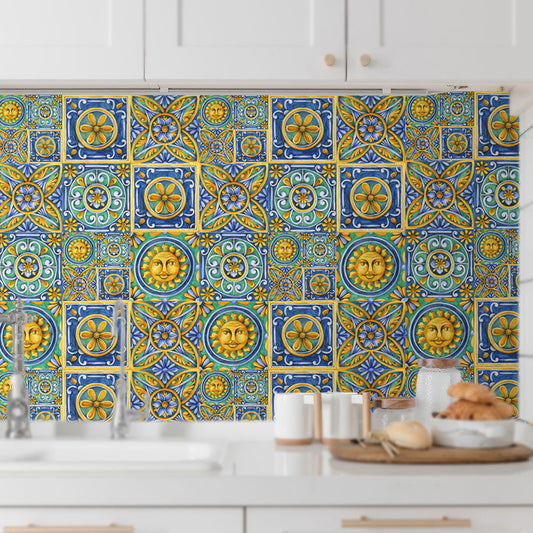 Adhesive Egyptian Tiles Wallpaper Panel in Blue-Yellow-Green Bohemian Style Wall Decor for Kitchen Clearhalo 'Wall Decor' 'Wallpaper' 1425280