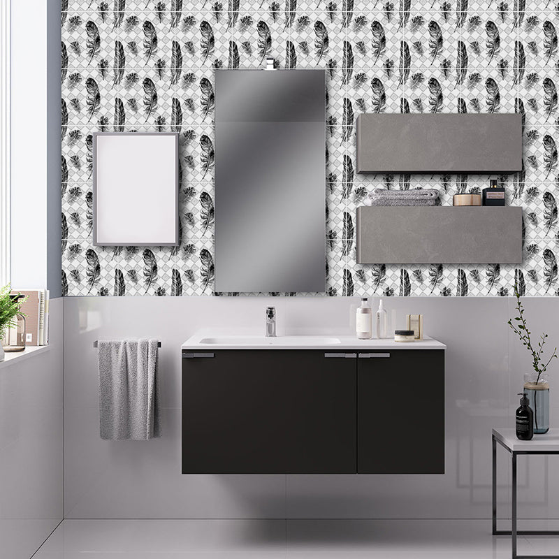 Modernist Feathers Stick Wallpaper Panel Black-Grey-White Tiles Wall Covering for Bath Black Gray-White Clearhalo 'Modern wall decor' 'Modern' 'Wallpaper' Wall Decor' 1425306