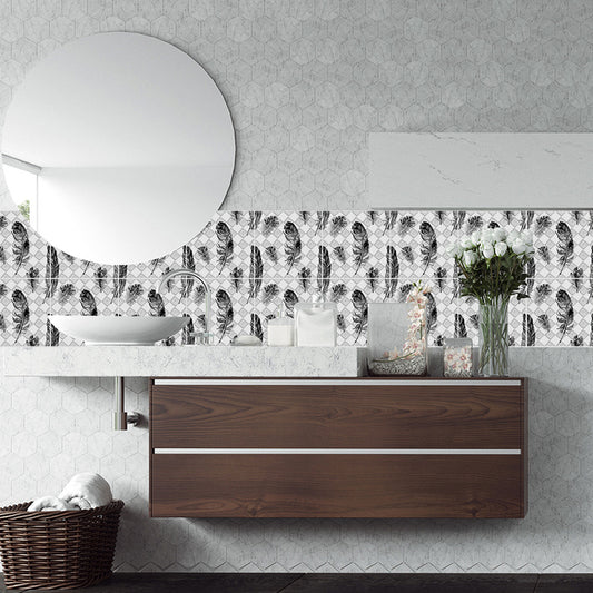 Modernist Feathers Stick Wallpaper Panel Black-Grey-White Tiles Wall Covering for Bath Clearhalo 'Modern wall decor' 'Modern' 'Wallpaper' Wall Decor' 1425307